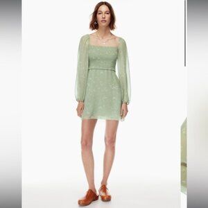 Aritzia Wilfred Villa Smocked Chiffon Green Pink Floral Mini Dress XXS
